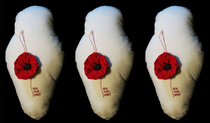 Laura Mega, Heal Your Heart_Padded and embroidered fabric, 2026, (10 Sacks_Art Installation), 51x30 Cm Each Sack, Photo Credit Vinicio Ferri
