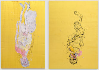 left: Georg Baselitz. Türkische Hose auf dem Treppchen, 2025, Oil and gold paint on canvas, 460 x 300 cm (181,1 x 118,11 in), Courtesy Galerie Thaddaeus Ropac, London · Paris · Salzburg · Milan · Seoul, © Georg Baselitz, Photo: Stefan Altenburger Right: Georg Baselitz, Die goldene Kittelschürze, 2025, Oil and gold paint on canvas, 300 x 215 cm (118,11 x 84,65 in, Courtesy Galerie Thaddaeus Ropac, London · Paris · Salzburg · Milan · Seoul, © Georg Baselitz, Photo: Stefan Altenburger
