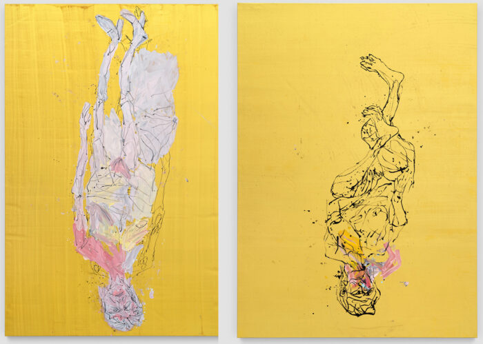 left: Georg Baselitz. Türkische Hose auf dem Treppchen, 2025, Oil and gold paint on canvas, 460 x 300 cm (181,1 x 118,11 in), Courtesy Galerie Thaddaeus Ropac, London · Paris · Salzburg · Milan · Seoul, © Georg Baselitz, Photo: Stefan Altenburger Right: Georg Baselitz, Die goldene Kittelschürze, 2025, Oil and gold paint on canvas, 300 x 215 cm (118,11 x 84,65 in, Courtesy Galerie Thaddaeus Ropac, London · Paris · Salzburg · Milan · Seoul, © Georg Baselitz, Photo: Stefan Altenburger