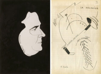 Left: Francis Picabia, Francis Picabia, ca. 1924, Indian ink and pencil on paper 23 x 16 cm / 9 x 6 1/4 in, Photo: Damian Griffiths, Courtesy Hauser & Wirth Gallery Right: Francis Picabia, La Bourride, 1919, Ink on paper, 28.3 x 19 cm / 11 1/8 x 7 1/2 in, 54 x 44 x 5 cm / 21 1/4 x 17 3/8 x 2 in (framed), Photo: Damian Griffiths, Courtesy Hauser & Wirth Gallery
