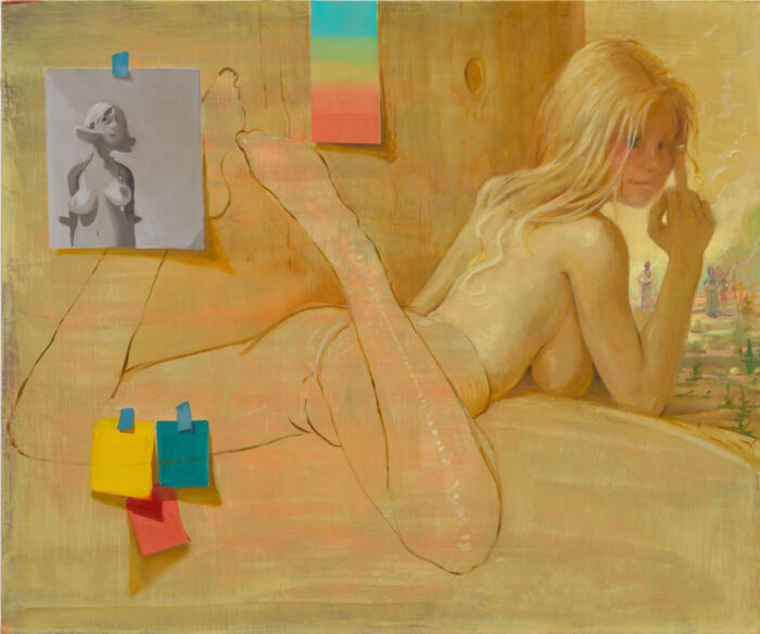 Lisa Yuskavage, Legend: Red Yellow Blue, 2024-2025, Oil on linen, 25 1/8 x 30 1/8 inches (63.8 x 76.5 cm), Signed and dated verso, © Lisa Yuskavage, Courtesy the artist and David Zwirner Gallery