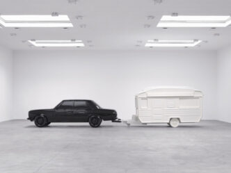 Katharina Fritsch, Auto und Wohnwagen / Car and Caravan 1979/2026, Vinyl ester resin, stainless steel, aluminum, lacquer, Car: 56⅜ × 193⅜ × 70 inches; 143 × 491 × 178 cm, Caravan: 84⅝ × 173¼ × 74⅞ inches; 215 × 440 × 190 cm, Overall: 84⅝ × 357 × 74⅞ inches; 215 × 907 × 190 cm, © Katharina Fritsch, Courtesy the artist and Matthew Marks Galler