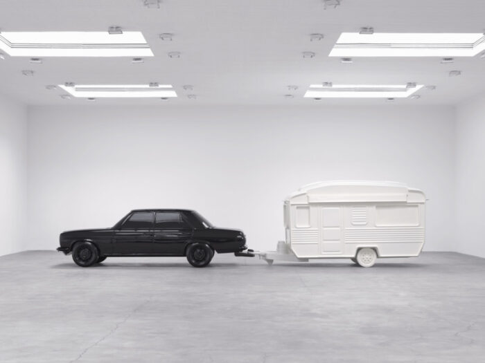 Katharina Fritsch, Auto und Wohnwagen / Car and Caravan 1979/2026, Vinyl ester resin, stainless steel, aluminum, lacquer, Car: 56⅜ × 193⅜ × 70 inches; 143 × 491 × 178 cm, Caravan: 84⅝ × 173¼ × 74⅞ inches; 215 × 440 × 190 cm, Overall: 84⅝ × 357 × 74⅞ inches; 215 × 907 × 190 cm, © Katharina Fritsch, Courtesy the artist and Matthew Marks Galler