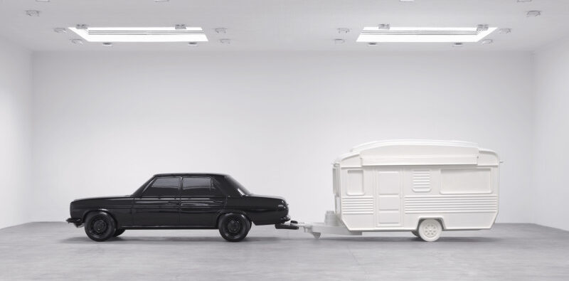 Katharina Fritsch, Auto und Wohnwagen / Car and Caravan 1979/2026, Vinyl ester resin, stainless steel, aluminum, lacquer, Car: 56⅜ × 193⅜ × 70 inches; 143 × 491 × 178 cm, Caravan: 84⅝ × 173¼ × 74⅞ inches; 215 × 440 × 190 cm, Overall: 84⅝ × 357 × 74⅞ inches; 215 × 907 × 190 cm, © Katharina Fritsch, Courtesy the artist and Matthew Marks Galler
