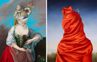 Left: Ewa Juszkiewicz, Untitled (after Élisabeth Vigée Le Brun), 2021, oil on canvas, 160 × 120 cm. Collection of Glori Cohen, © Ewa Juszkiewicz Right: Ewa Juszkiewicz, Lady with a Pearl (after François Gérard), 2024, oil on canvas, 80 × 65 cm. Private collection, © Ewa Juszkiewicz