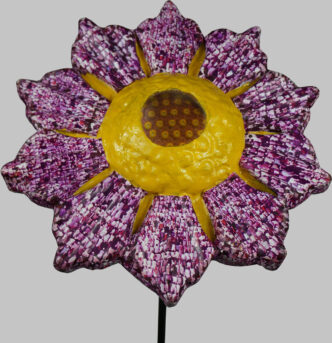 Ioanna Kazaki, Microcosmos–Macrocosmos, 17 Flowers, Polyester, digital images, papier mache, collage, stainless mirror, iron, magnifying lenses, lights. Sound: Stadium Crowd Noise, Dimentions: 150x30x30cm or 165x45x45cm each/ Installation view AcroArt Projects-Thessaloniki, 2026, © & Courtesy the artist
