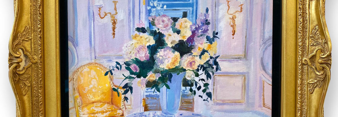 Karen Kilimnik, a world of perfection, the hotel de Paris, Monte Carlo, 2015, Water soluble oil color on canvas, Image 20.5 x 30.5 cm / 8 x 12 in, Frame 34 x 44 x 9.5 cm / 13 3/8 x 17 3/8 x 3 3/4 in, © Karen Kilimnik, Courtesy the artist and Galerie Eva Presenhuber
