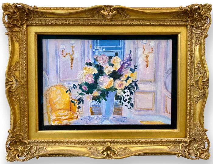 Karen Kilimnik, a world of perfection, the hotel de Paris, Monte Carlo, 2015, Water soluble oil color on canvas, Image 20.5 x 30.5 cm / 8 x 12 in, Frame 34 x 44 x 9.5 cm / 13 3/8 x 17 3/8 x 3 3/4 in, © Karen Kilimnik, Courtesy the artist and Galerie Eva Presenhuber