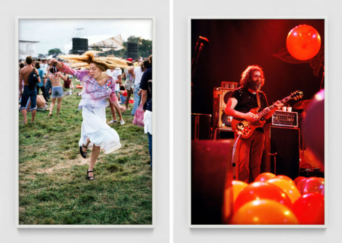 Photo left: Deadhead dancing at Grateful Dead concert in Lewiston, ME on September 6, 1980. Publicity photo from the exhibition and coffee table book An American beauty - Grateful Dead 1965-1995, © Jay Blakesberg, courtesy of the artist and David Kordansky Gallery. Photo right: Jerry Garcia performing at the Oakland Civic Auditorium, Oakland, CA, 1980 / 2025. Publicity photo from the exhibition and coffee table book An American beauty - Grateful Dead 1965-1995, © Jay Blakesberg, courtesy of the artist and David Kordansky Gallery. Publicity photo from the exhibition and coffee table book An American beauty - Grateful Dead 1965-1995, © Jay Blakesberg, courtesy of the artist and David Kordansky Gallery