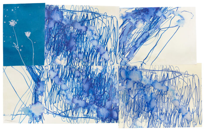 Sterling Ruby, GHOSTS (9180), 2026, Watercolor, cyanotype, and mixed-media collage on paper, 16 1/4 x 26 inches (41.3 x 66 cm), © Sterling Ruby, Photo: Sterling Ruby Studio, Courtesy the artist and Gagosian