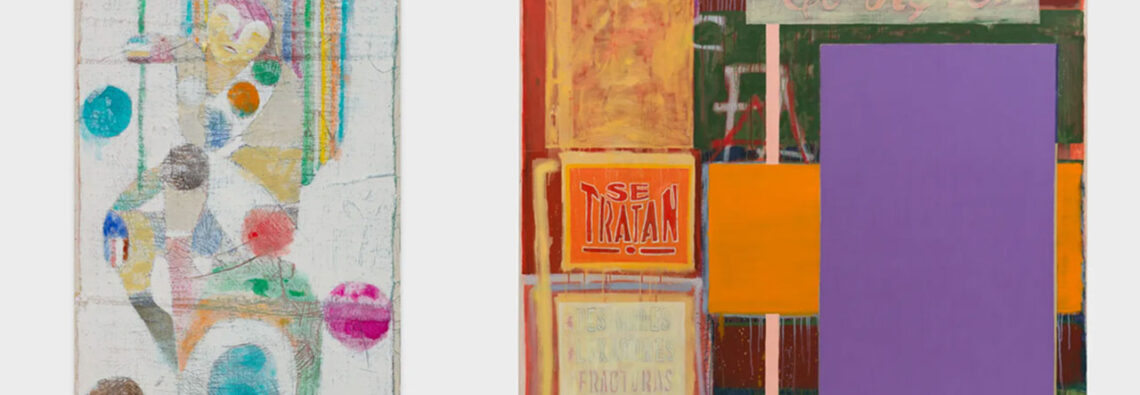 Left: Alexander Tovborg, Skyscraper 3, 2026, Pastel crayon, acrylics and canvas on wooden panel, 124.5 x 50 cm I 49 x 19 3/4 in, Courtesy of the Artist and Olney Gleason Right: Jhonatan Pulido, Sobandero No. 2, 2026, Acrylic, oil, and spray paint on canvas, 254.6 x 192.4 cm I 100 1/4 x 75 3/4 in, Courtesy of the Artist and Alma Pearl Gallery, London