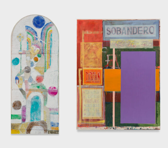 Left: Alexander Tovborg, Skyscraper 3, 2026, Pastel crayon, acrylics and canvas on wooden panel, 124.5 x 50 cm I 49 x 19 3/4 in, Courtesy of the Artist and Olney Gleason Right: Jhonatan Pulido, Sobandero No. 2, 2026, Acrylic, oil, and spray paint on canvas, 254.6 x 192.4 cm I 100 1/4 x 75 3/4 in, Courtesy of the Artist and Alma Pearl Gallery, London