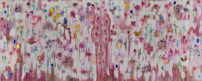 Joan Snyder, Femmes et Fleurs, 2026, Oil, acrylic, paper mache, twigs, dried flowers, glitter, ink, paper, coloured pencil on linen in two parts, 147.3 × 365.8 cm (58 × 144 in), © Joan Snyder, courtesy the artist and Thaddaeus Ropac Gallery