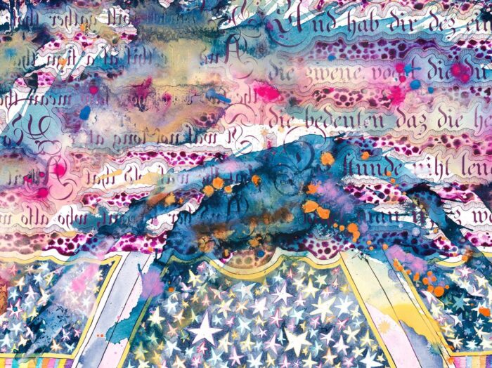 Alexandra Grant, Le Dedan Dehors, (The Inside Outside, after Helene Cixous’s Ce qui n’était jamais arrivé, 2025), 2026. Fonts: Superclarendon by Ray Larabie; Baskerville by John Baskerville, revival by Robert Slimbach;  Bodoni 72 Oldstyle by Giambattista Bodoni, edited in 1994 by Janice Fishman and Jim Parkinson;  Academy Engraved LET by Vince Whitlock; Big Caslon by Matthew Carter; Ernestine Pro by Nina Stössinger and Hrant Papazian; American Typewriter by Joel Kaden and Tony Stan; Athelas by Veronika Burian and Jose Scaglione;  Rockwell by Frank Hinman Pierpont. Silk screen, colored pencil, marker, acrylic paint, acrylic ink and sumi ink on paper. 390 x 450 cm