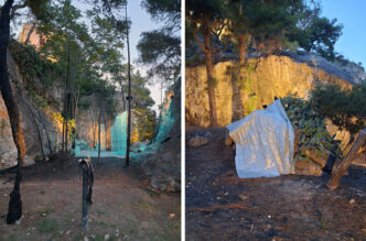 Left: Klajdi Tsano, Liminal Terrain, Installation 6 × 18 m | mixed media: wood, plaster, metal, resin Right: Peggy Kliafa, Blanket of Relief, 2026, Empty aluminum pill blister packs, thin wire, fishing line, Dimensions: approx. 344 × 215 cm