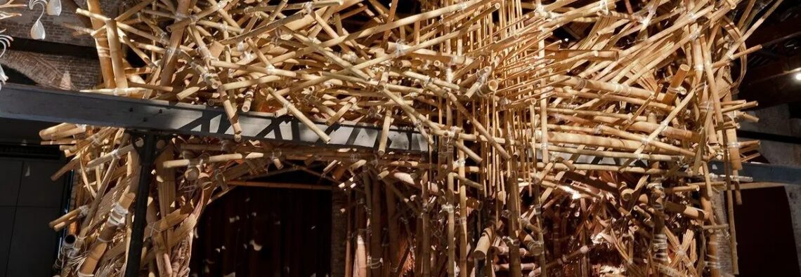 Asim Waqif, Chaal, 2026, Bamboo, cane, reed weaving, and various lashings, Photo: courtesy of https://indiainvenice.com/artist/asim-waqif