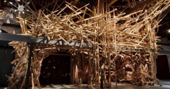 Asim Waqif, Chaal, 2026, Bamboo, cane, reed weaving, and various lashings, Photo: courtesy of https://indiainvenice.com/artist/asim-waqif