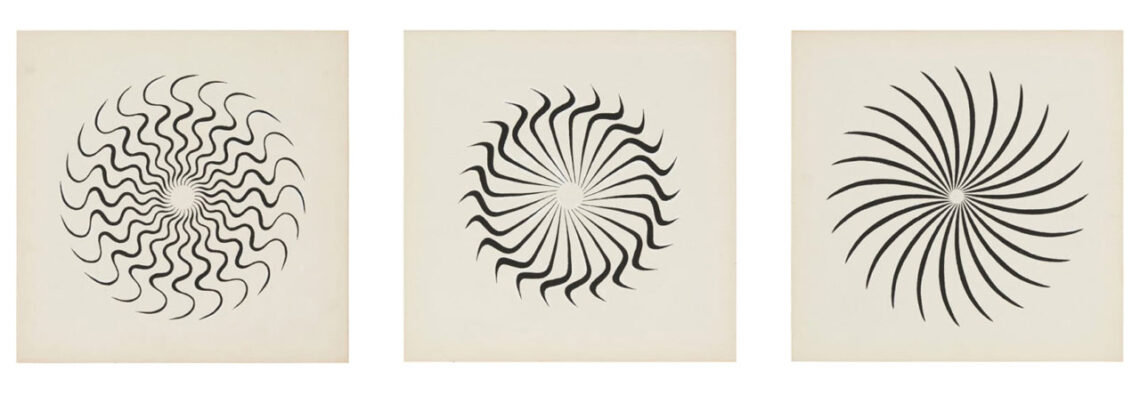 Jordan Belson, Vortex Drawings c. 1961, Ink on board, nine boards, Each 8½ × 8½ inches; 22 × 22 cm, Courtesy Matthew Marks Gallery