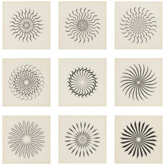 Jordan Belson, Vortex Drawings c. 1961, Ink on board, nine boards, Each 8½ × 8½ inches; 22 × 22 cm, Courtesy Matthew Marks Gallery