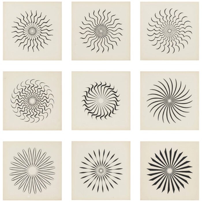 Jordan Belson, Vortex Drawings c. 1961, Ink on board, nine boards, Each 8½ × 8½ inches; 22 × 22 cm, Courtesy Matthew Marks Gallery