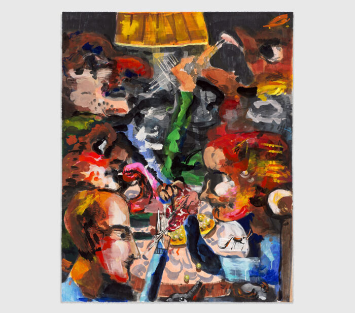 Dana Schutz, Eaters, 2026, Aquarell-Monotypie mit handschriftlichen Ergänzungen in Gouache und Kreide auf Lanaquarelle-Papier, 126,7 x 101 cm, Courtesy the artist, Two Palms, Contemporary Fine Arts, Berlin - Basel, and David Zwirner, Photo: Stephen Arnold