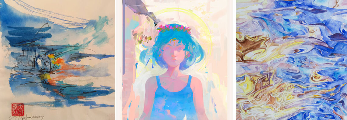 Left: Giota Balomenou, Movement I, 2026, Ink on rice paper, 30 × 40 cm Center: Thodoris Tolis, Yialouda, 2026, monotype (1/1), digital oil, Giclée print Right : Sonia Tsiplitari, Purifying, 2026, Watercolor & ink on paper, 40 × 50 cm