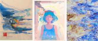 Left: Giota Balomenou, Movement I, 2026, Ink on rice paper, 30 × 40 cm Center: Thodoris Tolis, Yialouda, 2026, monotype (1/1), digital oil, Giclée print Right : Sonia Tsiplitari, Purifying, 2026, Watercolor & ink on paper, 40 × 50 cm