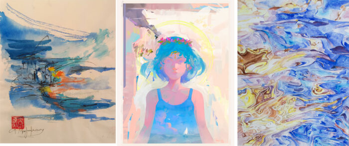 Left: Giota Balomenou, Movement I, 2026, Ink on rice paper, 30 × 40 cm Center: Thodoris Tolis, Yialouda, 2026, monotype (1/1), digital oil, Giclée print Right : Sonia Tsiplitari, Purifying, 2026, Watercolor & ink on paper, 40 × 50 cm