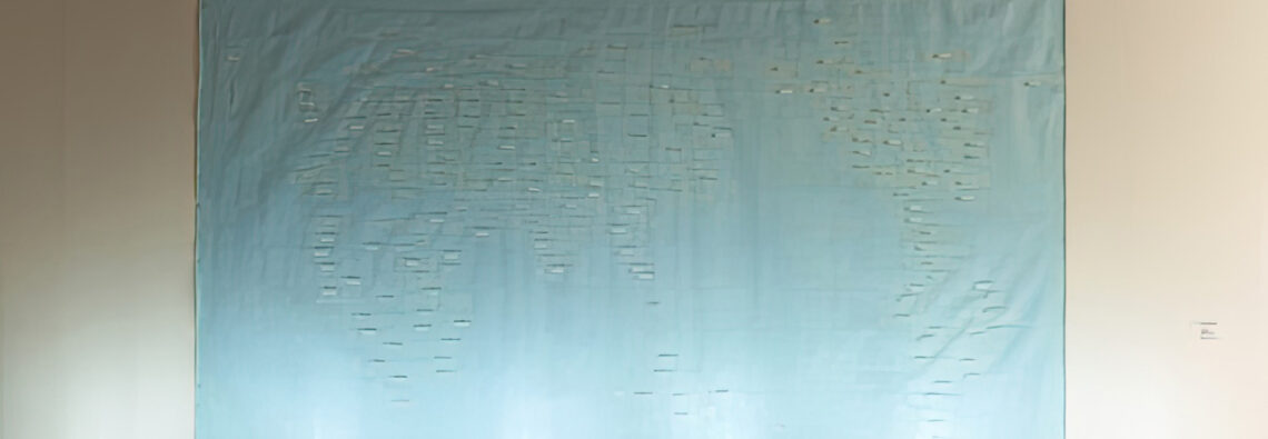 Bahc Yiso, Wide World Wide, 2003, Acrylic and oil paints, light fixture, paper label on canvas, 265 × 510 × 25 cm. Leeum Museum of Art Collection. Courtesy of Leeum Museum of Art