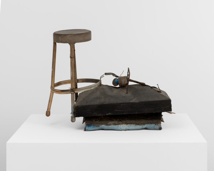 Robert Rauschenberg, Untitled, 1961, Metal, wire, tin can, electric cord, and light bulb with stool, 27 × 34 × 15 inches (68.6 × 86.4 × 38.1 cm), © 2026 Robert Rauschenberg Foundation/Artists Rights Society (ARS), NY, Photo: Owen Conway, Courtesy Gagosian