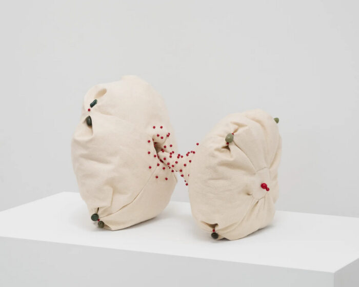 Violeta Maya, Pequeños resultados de un gran tema II, 2026, Cotton canvas, padding, feathers, semi-precious stones, glass beads, 25 x 29 x 26 cm, 9.84 x 11.42 x 10.24 in, © Violeta Maya, Courtesy the artist and NILS STÆRK Gallery