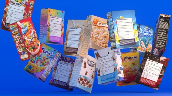 Fictive Cereal Boxes that image the AI Nutrition Labels from ImpactBench. Part of an installation presented in Islands in the Net. Image Courtesy of Pat Pataranutaporn, Rachel Poonsiriwong and Chayapatr (Pub) Archiwaranguprok and Ryan Ho