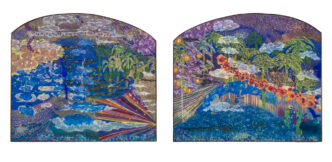 Thalita Hamaoui, Desertos, cordilheiras, correntes oceânicas e as tempestades, 2026, Tempera, acrylic, and oil pastel on linen, Overall: 59 1/2 x 135 3/8 inches, 151 x 344 cm, Diptych, each: 59 1/2 x 67 3/4 inches, 151 x 172 cm, © Thalita Hamaoui, Courtesy the artist and Boesky Gallery