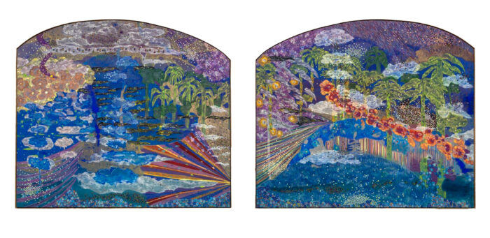 Thalita Hamaoui, Desertos, cordilheiras, correntes oceânicas e as tempestades, 2026, Tempera, acrylic, and oil pastel on linen, Overall: 59 1/2 x 135 3/8 inches, 151 x 344 cm, Diptych, each: 59 1/2 x 67 3/4 inches, 151 x 172 cm, © Thalita Hamaoui, Courtesy the artist and Boesky Gallery