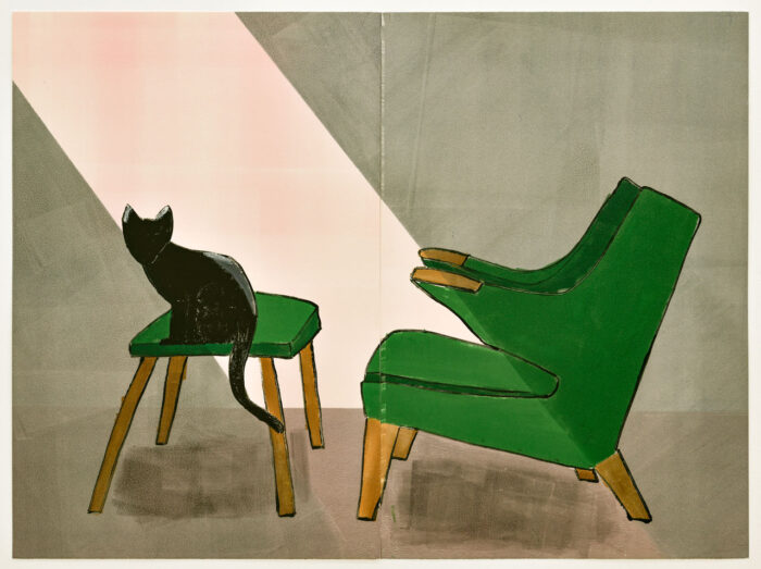 Zilla Leutenegger, Papa Bear Chair, 2021, Diptych, oil on cotton paper, monotype Dimensions: 118,5 × 160 cm, Courtesy Galerie Peter Kilchmann, Zurich, Paris Photo Credit: Sebastian Schaub © Zilla Leutenegger