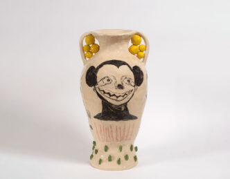Dimitris Neveskiotis, It wasn't meant to last, and yet it found a way to remain, 2026 , hand-painted clay, underglaze, glaze, 60 x 31 cm, Courtesy the artist and Kalfayan Galleries