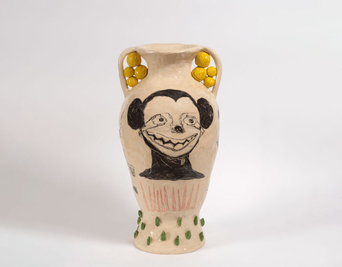 Dimitris Neveskiotis, It wasn't meant to last, and yet it found a way to remain, 2026 , hand-painted clay, underglaze, glaze, 60 x 31 cm, Courtesy the artist and Kalfayan Galleries