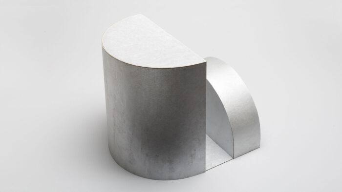 Michał Budny, Untitled (Memory), 2024. Cardboard, silver purest pigment acrylic paint, 23,5 x 23,5 x 26 cm. Photo: © Michał Budny. Courtesy of Michał Budny and Annex14, Zurich