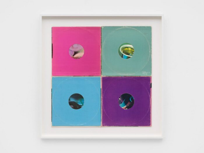 Christian Marclay, Oculi (Quartet), 2026, Four record covers and sleeves, 62.7 x 62.7 cm | 24 3/4 x 24 3/4 in., 77.2 x 77.2 x 4 cm | 30 1/2 x 30 1/2 x 1 1/2 in. (framed), © Christian Marclay, Courtesy the artist and White Cube Gallery