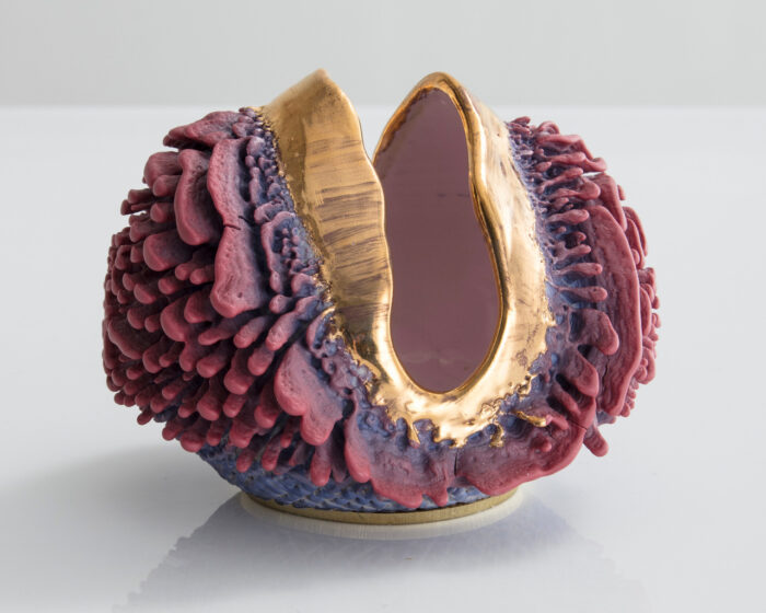 Haas Brothers, Bruce Willis Beyonclé, 2016, Hand thrown and accreted porcelain, gold luster, and brass plate. Photo: Joe Kramm. Courtesy of R & Company. © Haas Brothers