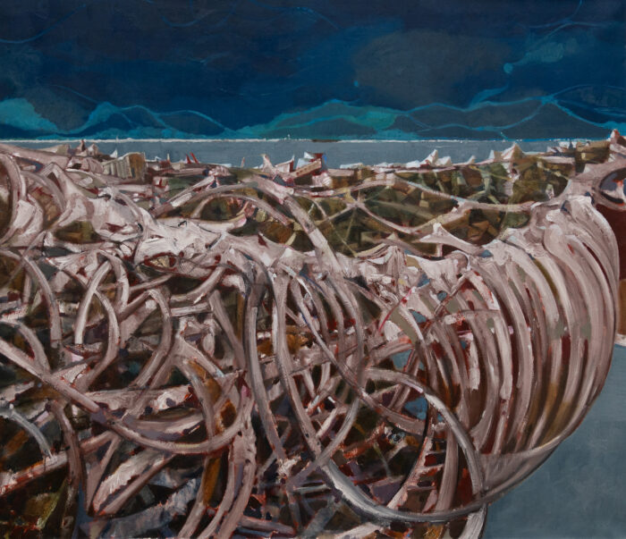 Sajal Sarkar, Imaginary Bridge, 2026, Oil on canvas, 48h x 55.75w in, © Sajal Sarkar, Courtesy the artist and Aicon Contemporary