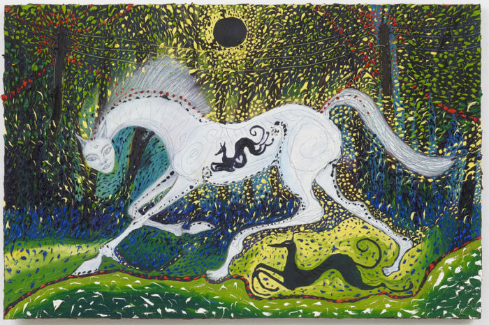 Jennifer Binnie, Animals Under a Black Moon, 2013, Oil on board, 48 × 25 cm, © Jennifer Binnie, Courtesy the artist and Richard Saltoun Gallery