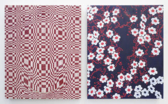 Andrea Higgins, Self-Portrait with Daisies, 2026, oil and acrylic on linen (diptych), as installed 22 1/4 x 37 in/56.5 x 94 cm, each panel 22 1/4 x 18 in/56.5 x 45.7 cm (plus 1 inch vertical space), © Andrea Higgins, Courtesy the artist and Hosfelt Gallery