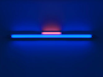 Dan Flavin, untitled (for Charlotte and Jim Brooks) 1, 1964, Pink and blue fluorescent light, 6 3/4 x 96 1/8 inches (17 x 244 cm), Edition of 5, © 2026 Stephen Flavin/Artist Rights Society (ARS), New York, Photo: Thomas Lannes, Courtesy Gagosian