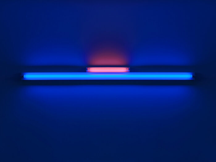 Dan Flavin, untitled (for Charlotte and Jim Brooks) 1, 1964, Pink and blue fluorescent light, 6 3/4 x 96 1/8 inches (17 x 244 cm), Edition of 5, © 2026 Stephen Flavin/Artist Rights Society (ARS), New York, Photo: Thomas Lannes, Courtesy Gagosian