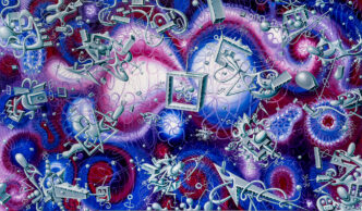 Kenny Scharf, ORGANIBOTZ, 2025, Oil on linen, 213.4 × 365.8 cm, © Kenny Scharf. Courtesy of the artist and Almine Rech