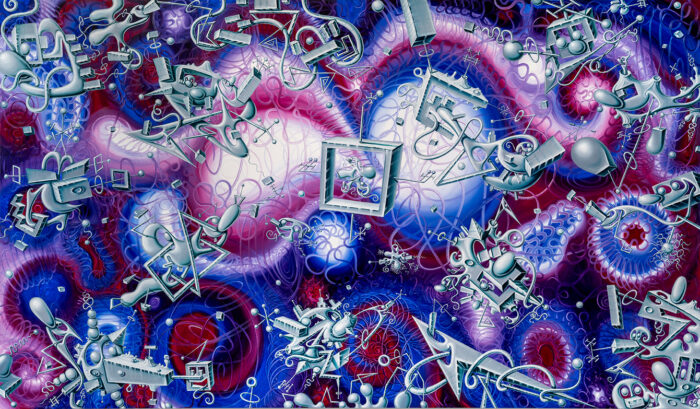 Kenny Scharf, ORGANIBOTZ, 2025, Oil on linen, 213.4 × 365.8 cm, © Kenny Scharf. Courtesy of the artist and Almine Rech