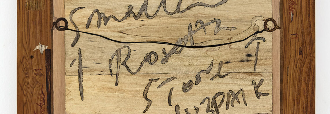 Michael Bühler-Rose, Verso (Nam June Paik, Untitled (Small Rosetta Stone-Channel 12) 1983), 2026, Wood Intarsia/Inlay: Satran, Paduk, Teak, Dark Champa and Tamarind Wood, 40 x 31.2 x 2.5 cm | 15.75 x 12.3 x 1 in
