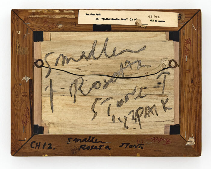 Michael Bühler-Rose, Verso (Nam June Paik, Untitled (Small Rosetta Stone-Channel 12) 1983), 2026, Wood Intarsia/Inlay: Satran, Paduk, Teak, Dark Champa and Tamarind Wood, 40 x 31.2 x 2.5 cm | 15.75 x 12.3 x 1 in