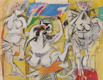 Willem de Kooning, Untitled (Three Women), c. 1948, Matte opaque paint (possibly oil) with fine particulate filler, enamel, carbon transfer drawing, charcoal, and graphite pencil on card stock, mounted on secondary support, 51,9 × 66,8 cm, Collection of the Frances Lehman Loeb Art Center at Vassar College, Poughkeepsie, New York, gift of Mrs. Richard Deutsch (Katherine W. Sanford, class of 1940), 1953.2.5, © 2026 The Willem de Kooning Foundation/Pictoright, Amsterdam